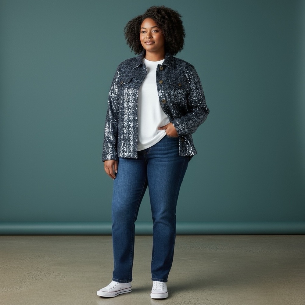 SIX/FIFTY Blue Pixie Denim Sequin Jacket Large